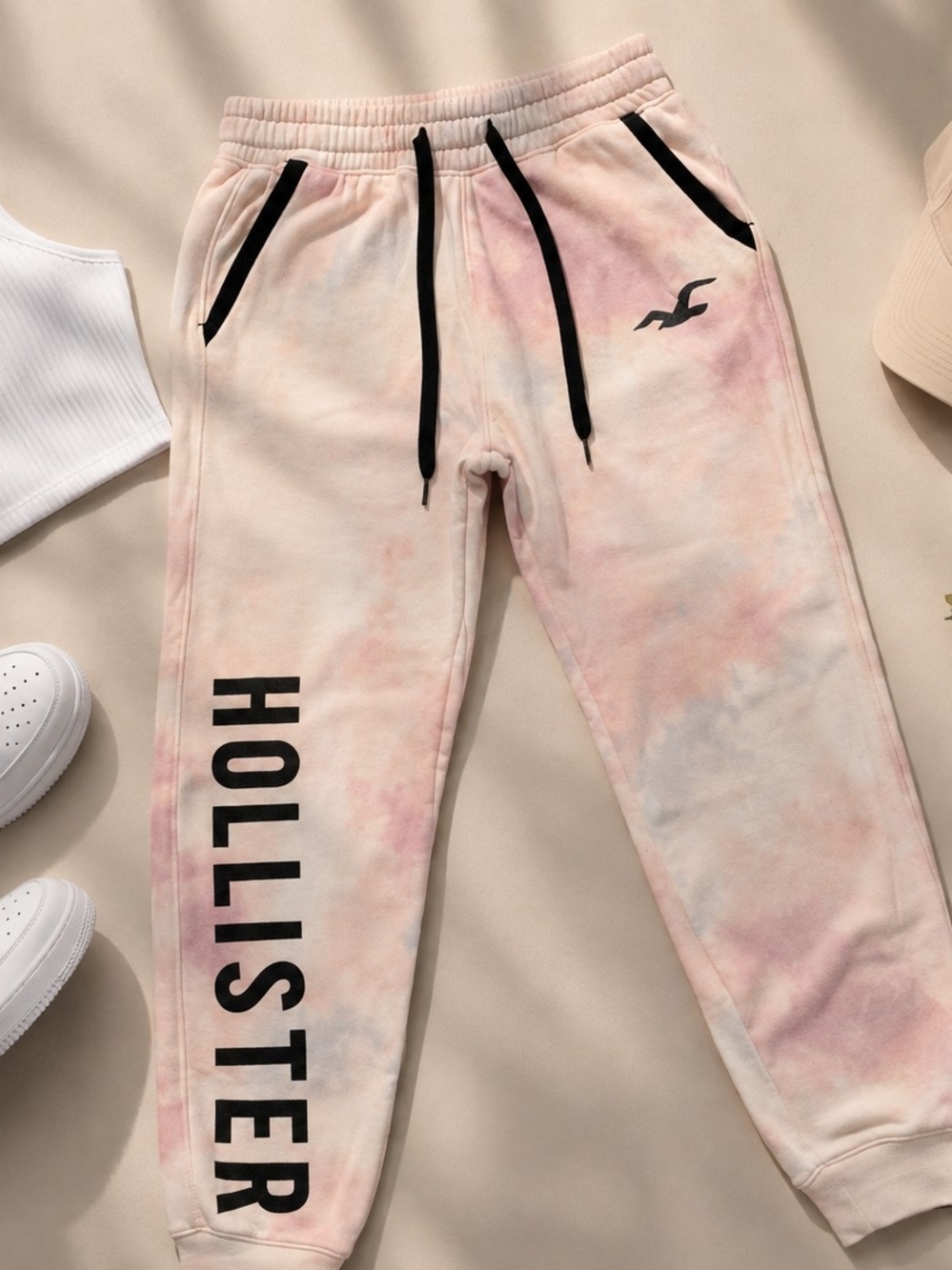 Hollister Womens Tie Dye Jogger Sweatpants Pink Logo Fleece Lounge Pants - Picture 2 of 15